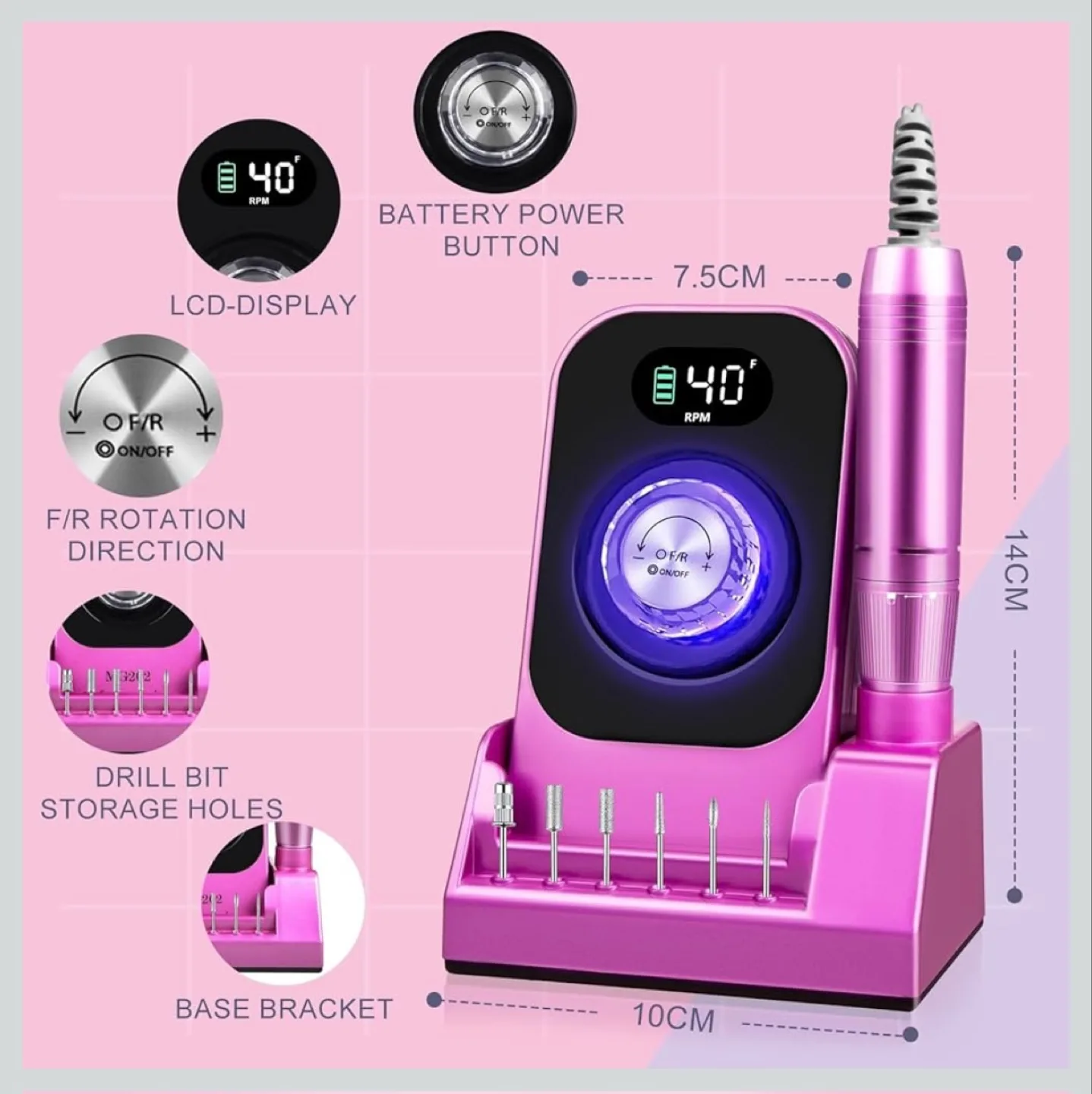 Purple Electric Nail Drill with Base & 12 Drill Bits image indicator(9)