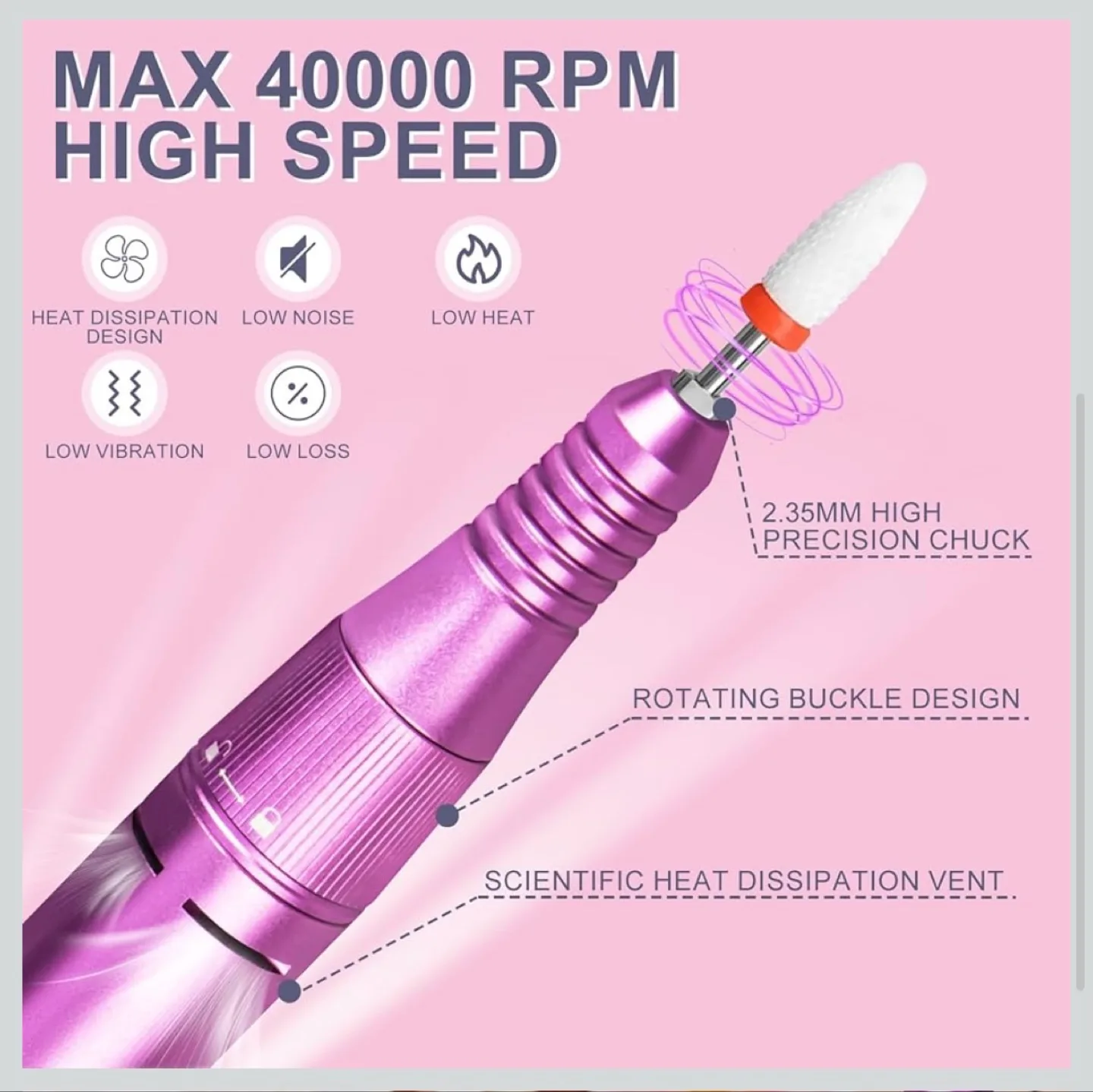 Purple Electric Nail Drill with Base & 12 Drill Bits image indicator(7)