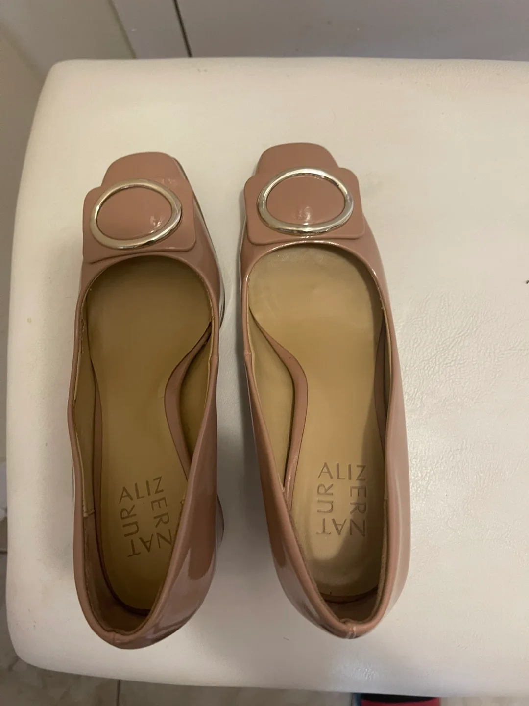 Nude Patent Leather Block Heel Pumps image indicator(2)