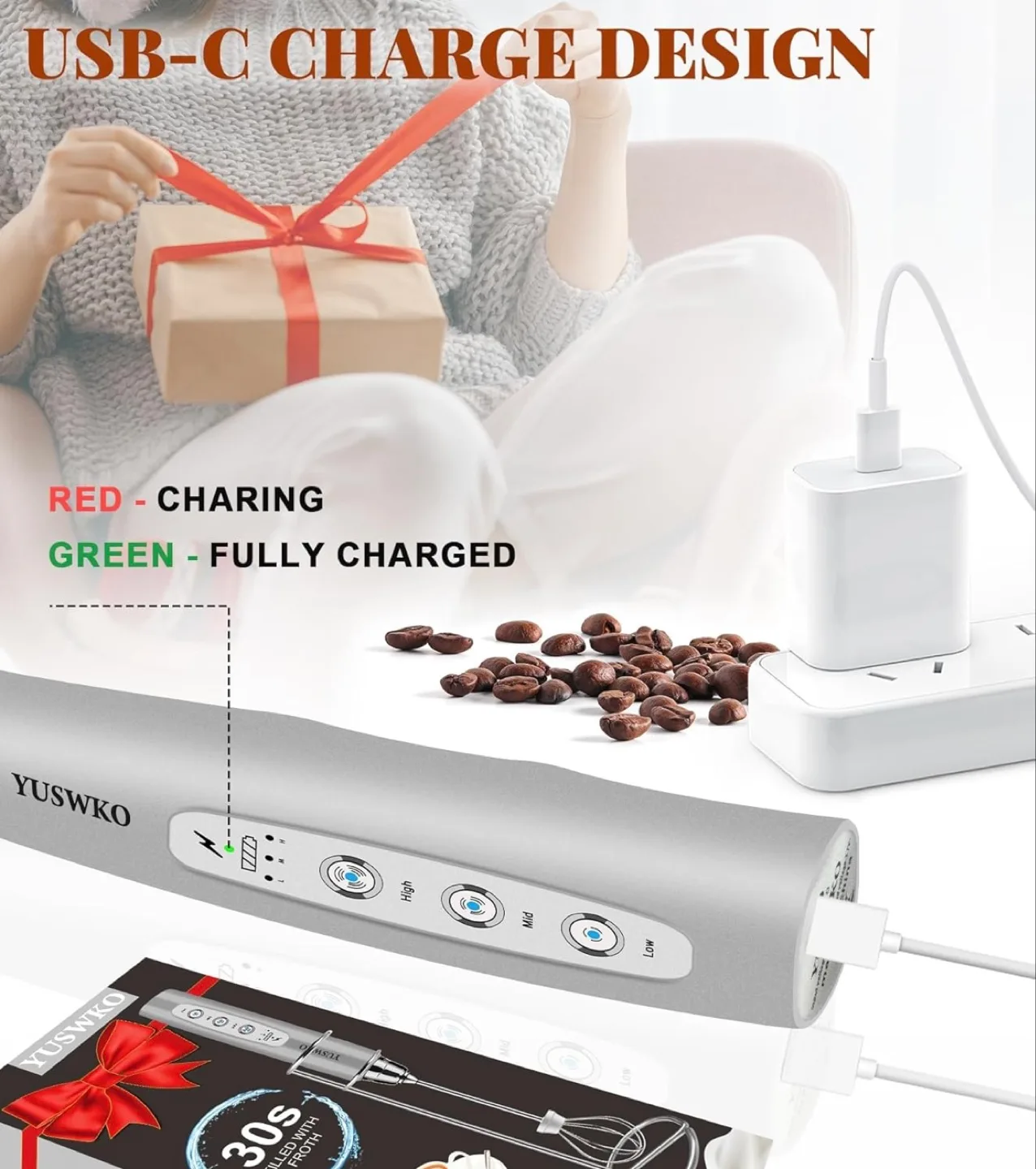 YUSWKO USB Rechargeable Electric Milk Frother with stand image indicator(4)