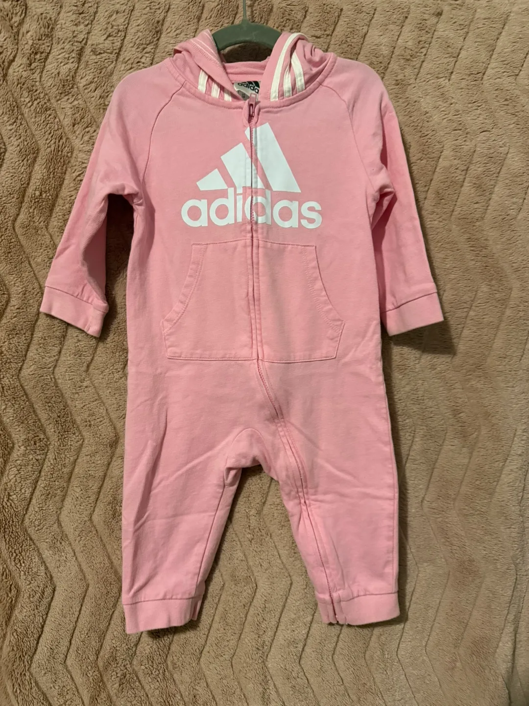 Adidas Baby Girl's Pink Zip-Up Hoodie Jumpsuit - 12 Months thumbnail