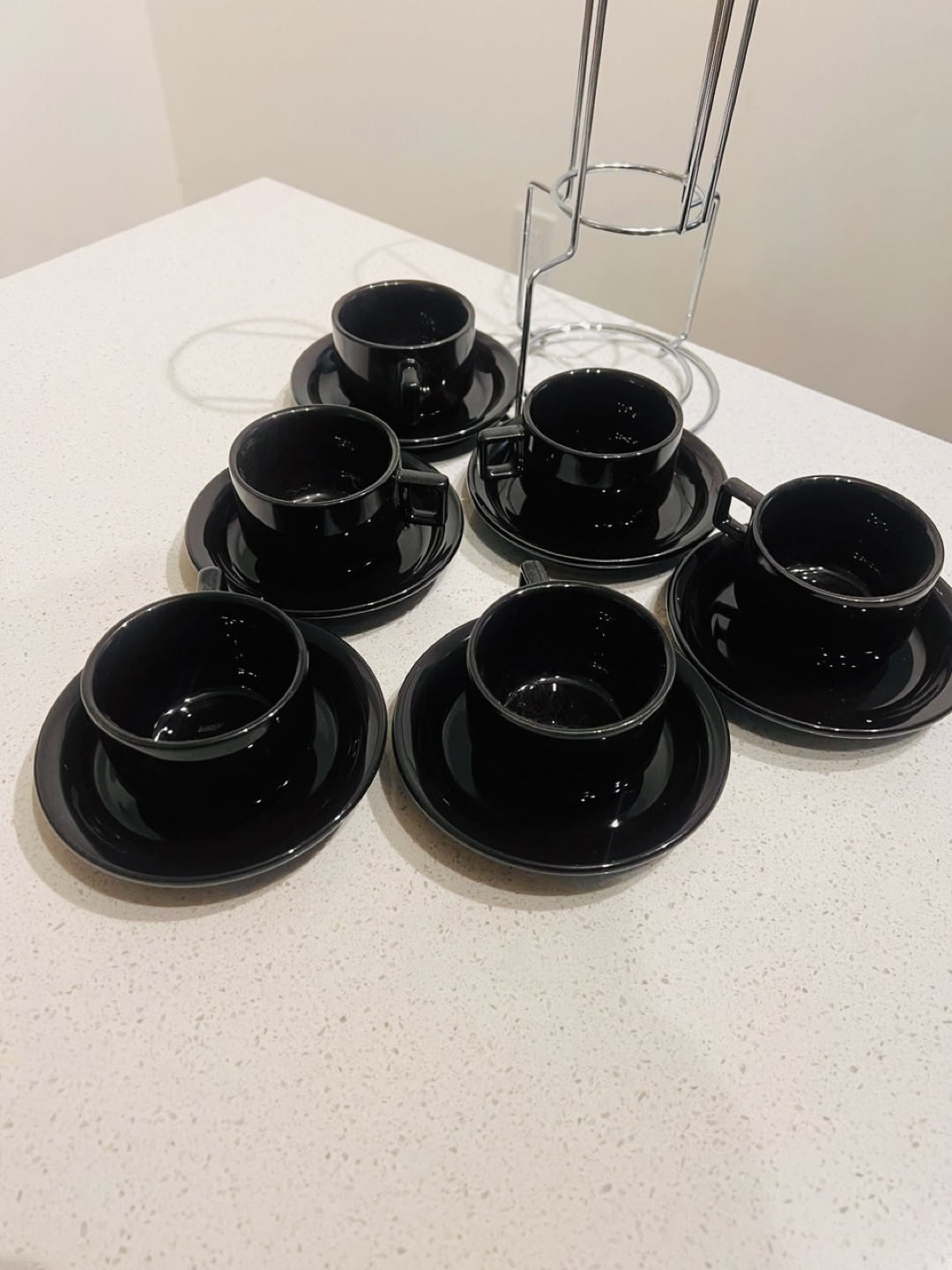 Six Espresso Cups and Saucers with Stand