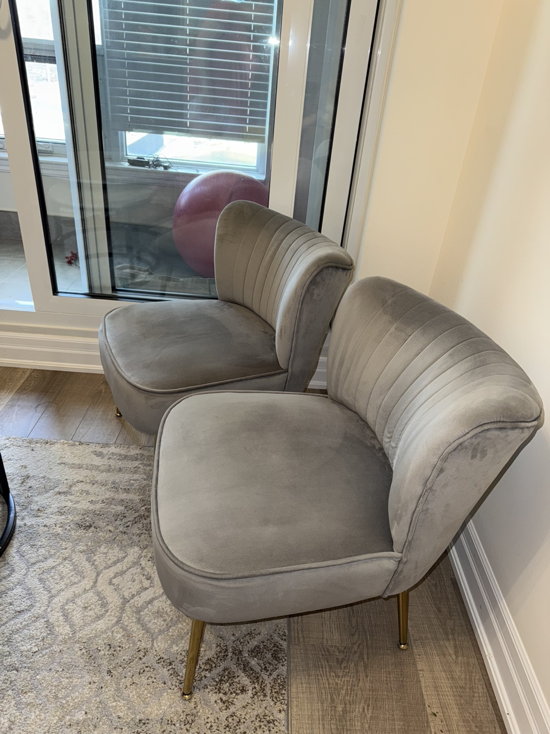 Pair of Grey Velvet Accent Chairs with Gold Legs