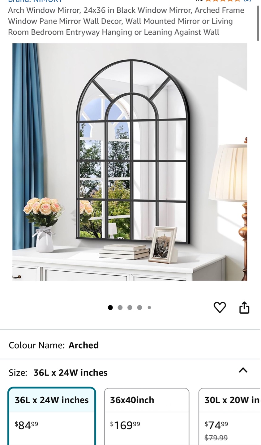 Arched Window Pane Mirror - Black Frame - 36L x 24W Inches
