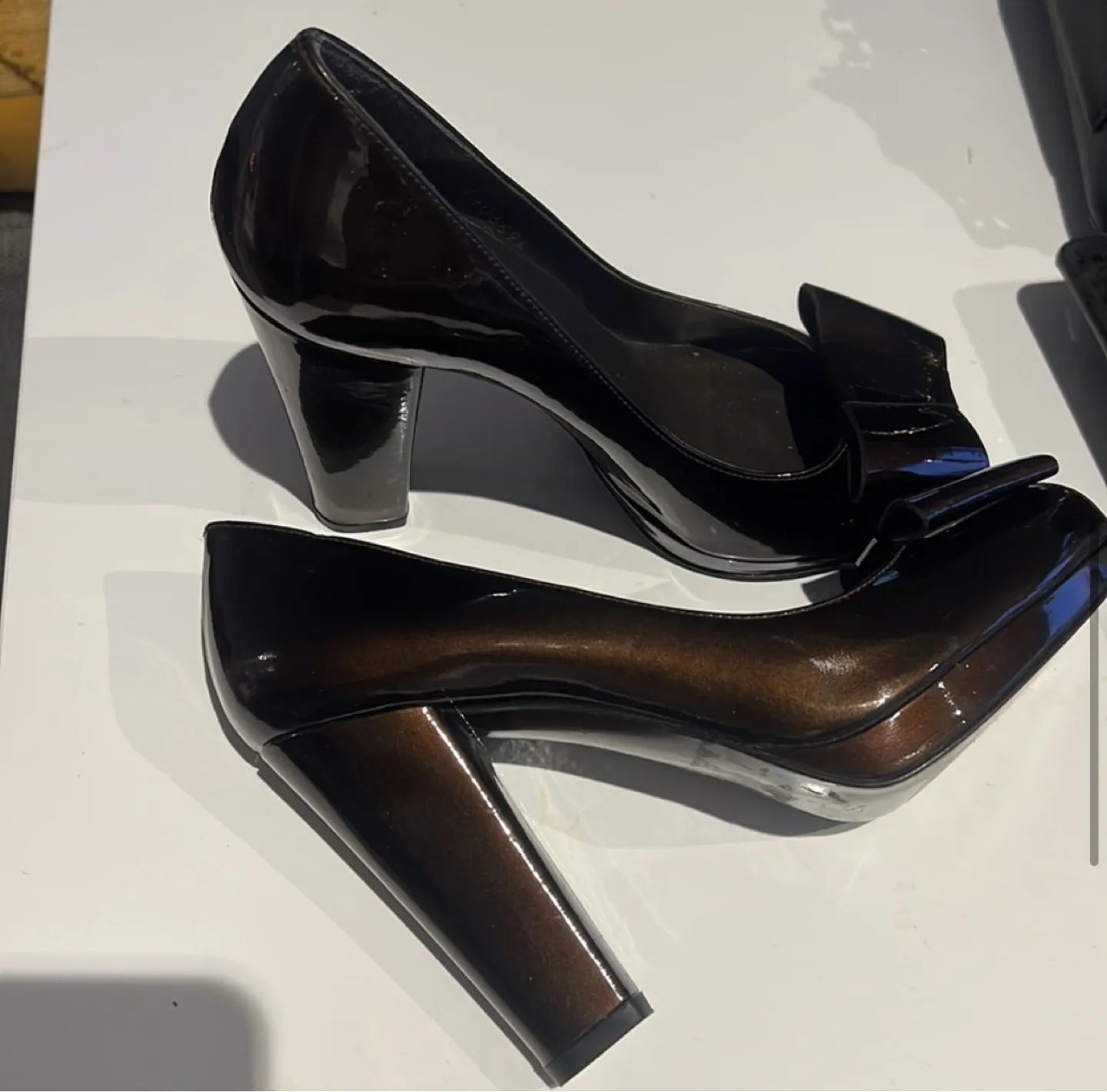 Stuart Weitzman Brown Patent Leather Peep-Toe Heels thumbnail