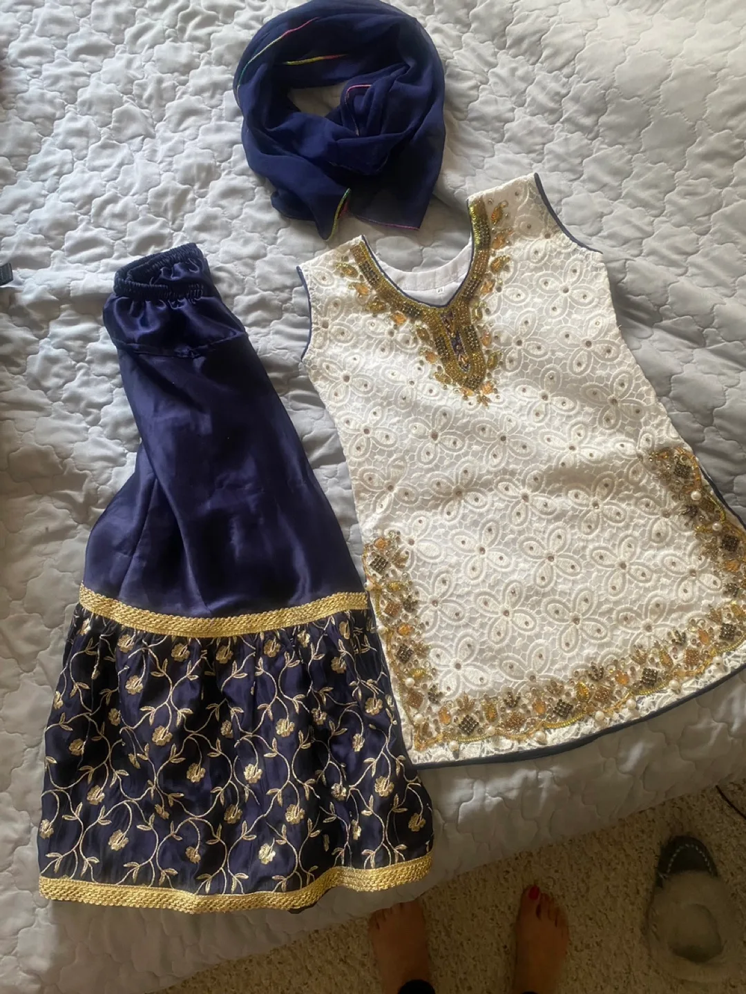 Girls' White Navy Embroidered Shalwar Kameez Set with Dupatta thumbnail