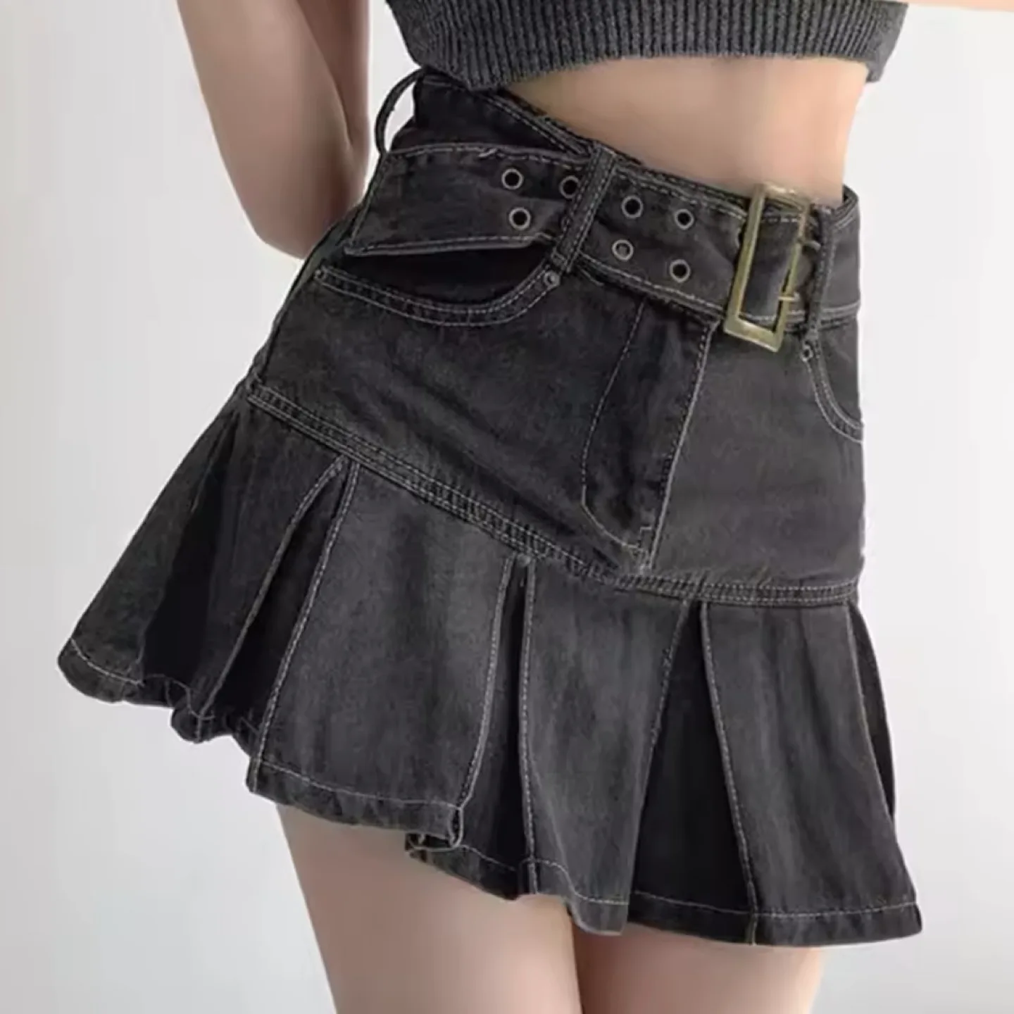 Black Denim Pleated Mini Skirt with Belt thumbnail
