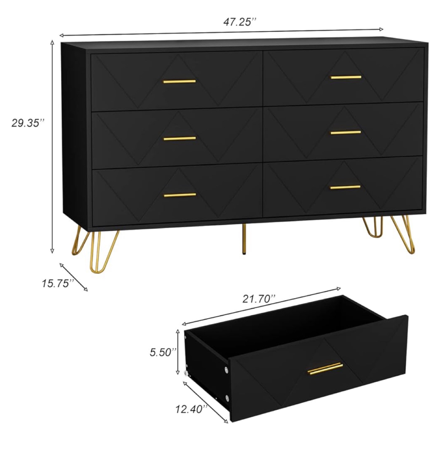 Black 6-Drawer Dresser with Gold Legs and Hardware - photo 4