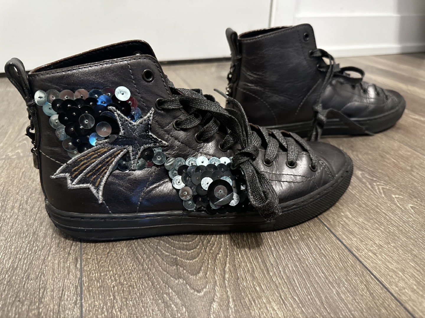 Coach Black Leather High-Top Sneakers with Sequins