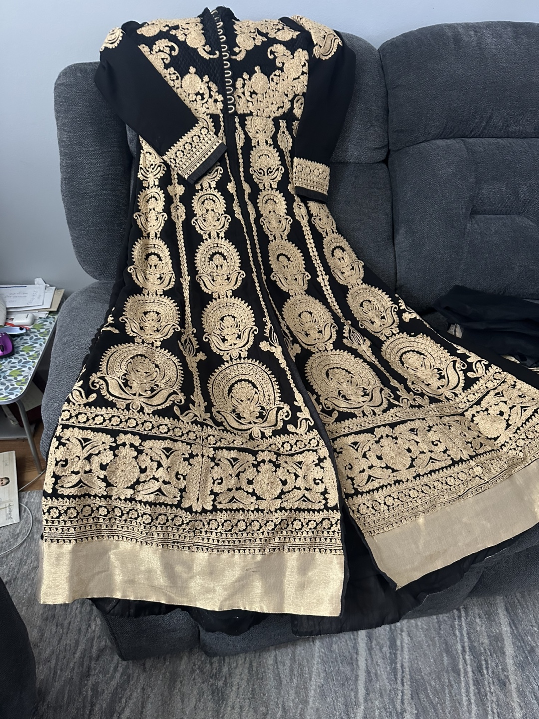 Aashirwad Creations Black and Gold Embroidered Anarkali Suit