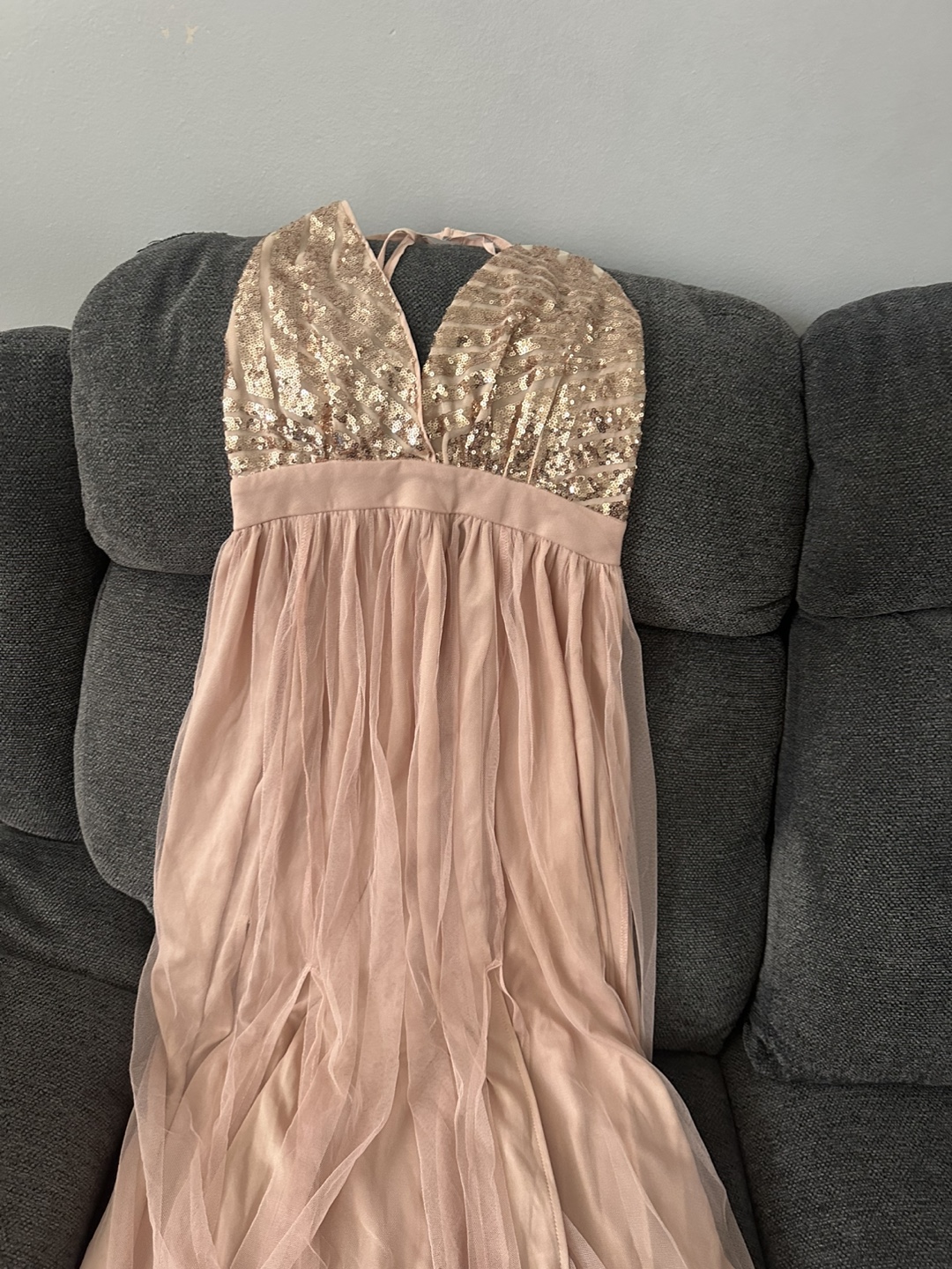 Rose Gold Sequin and Tulle Maxi Dress