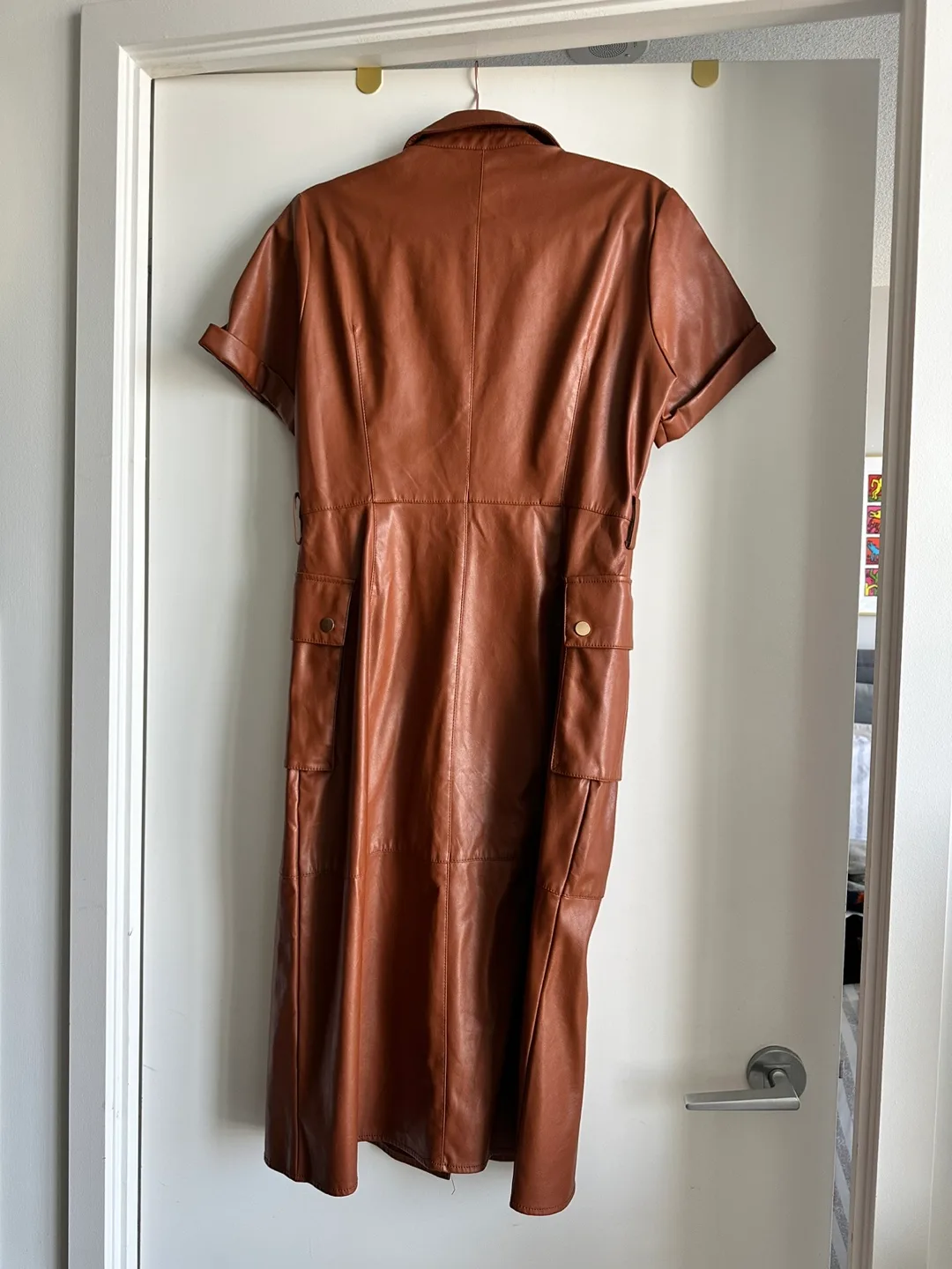 Zara Brown Pleather Midi Shirt Dress Size Large image indicator(3)