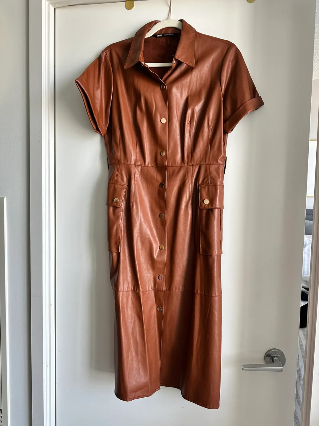 Zara Brown Pleather Midi Shirt Dress Size Large image indicator(4)