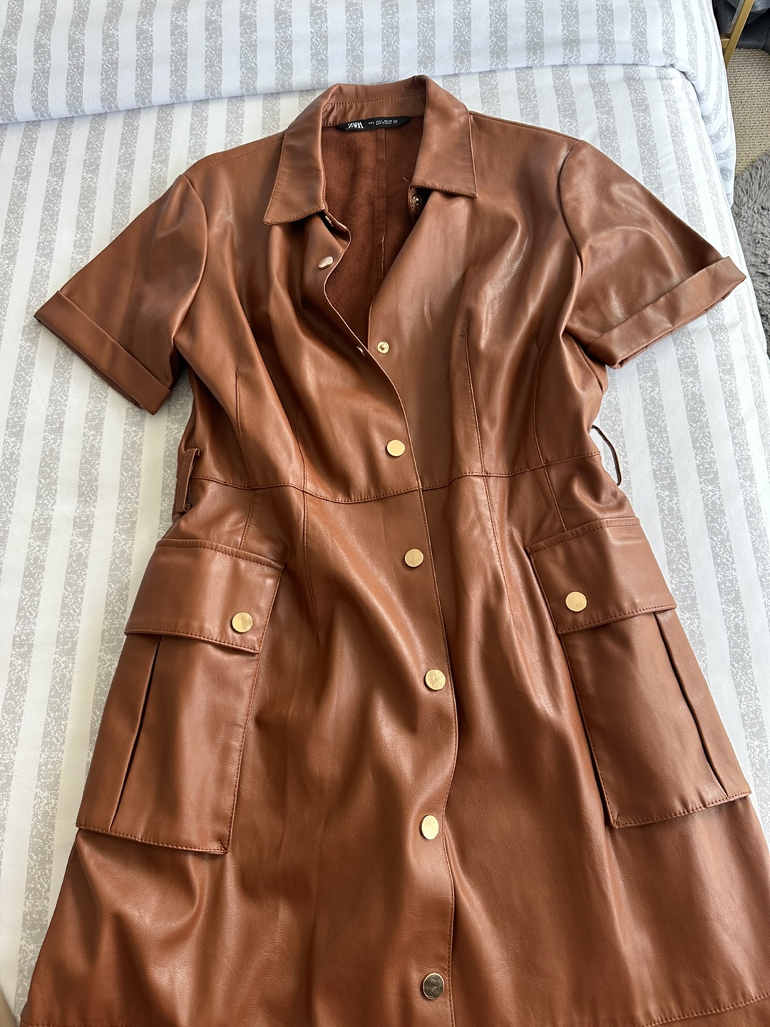 Zara Brown Pleather Midi Shirt Dress Size Large