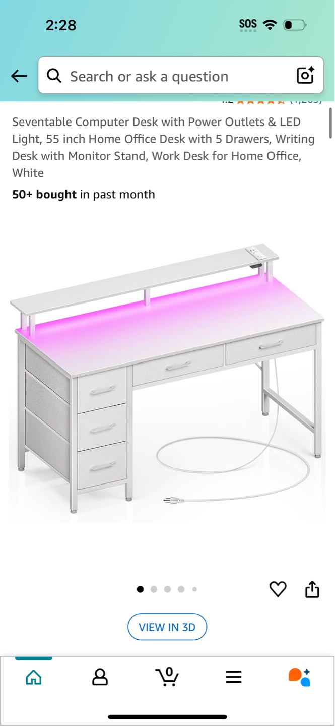 New 55 inch White Computer Desk with LED Lights & Power Outlets