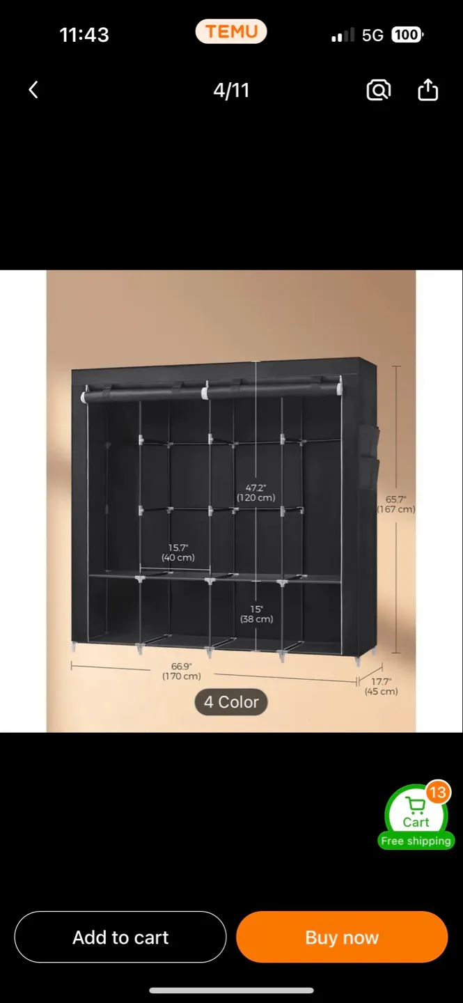 Large Black Fabric Wardrobe Closet Organizer