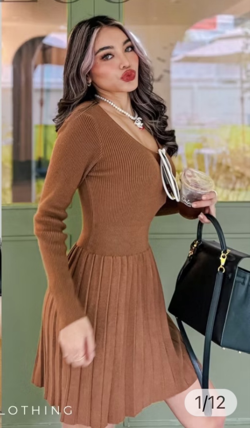 Brown Knit Pleated Mini Dress - photo 2