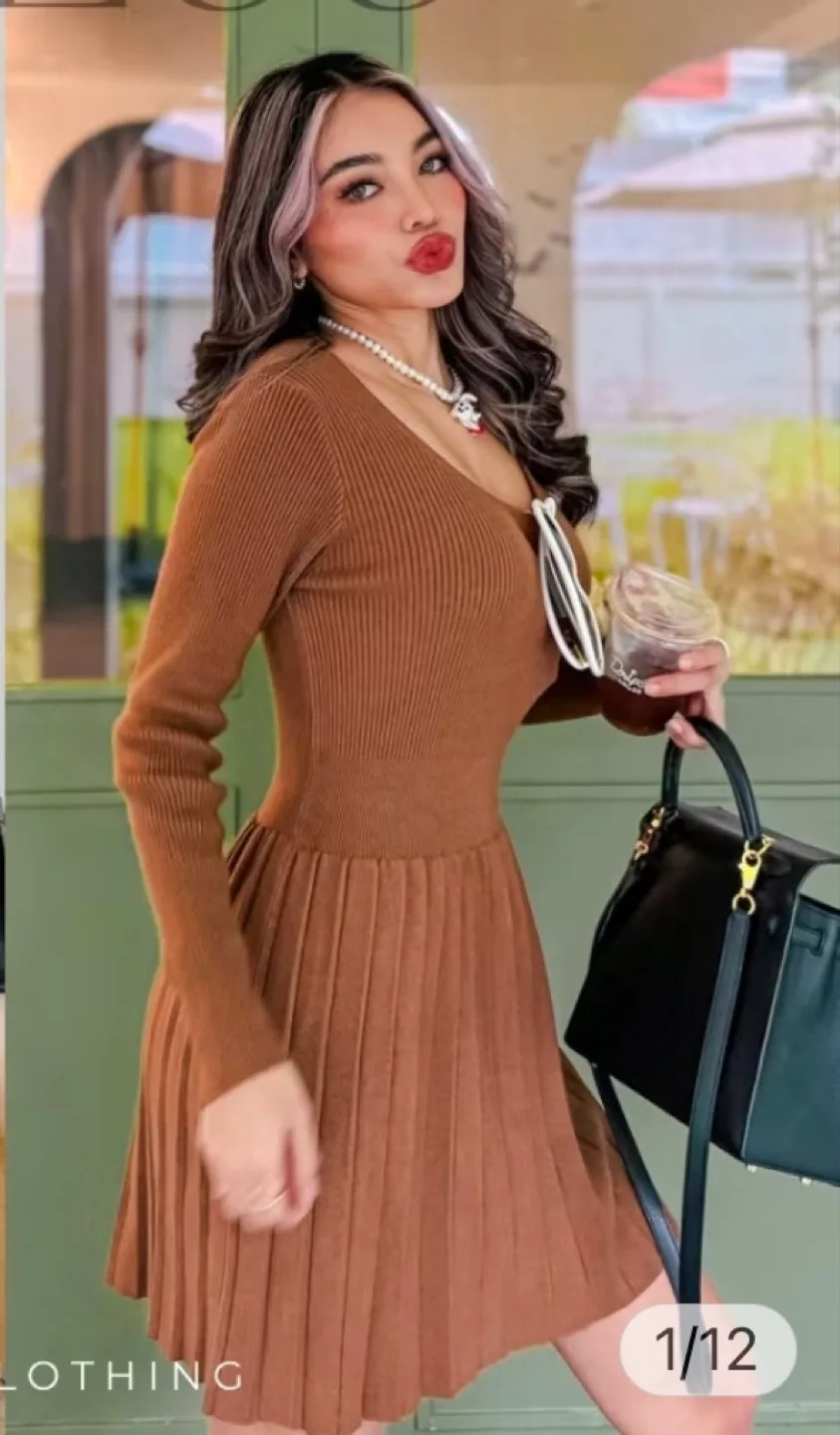 Brown Knit Pleated Mini Dress image indicator(2)