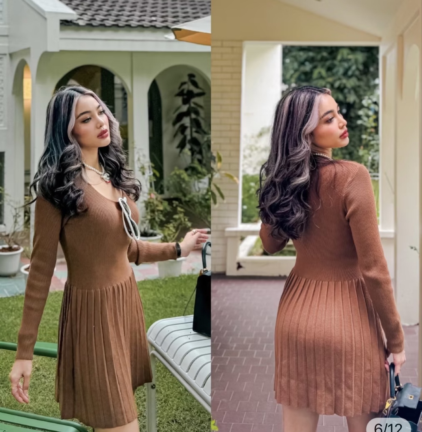 Brown Knit Pleated Mini Dress