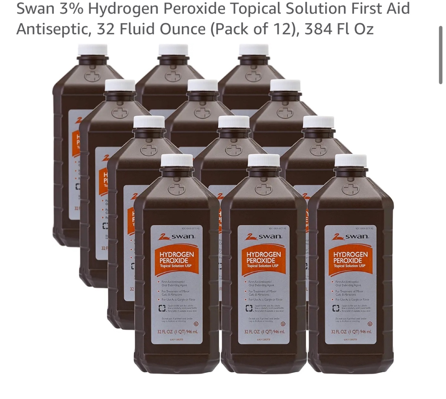 Swan 3% Hydrogen Peroxide Topical Solution, 12 Pack, 384 fl oz