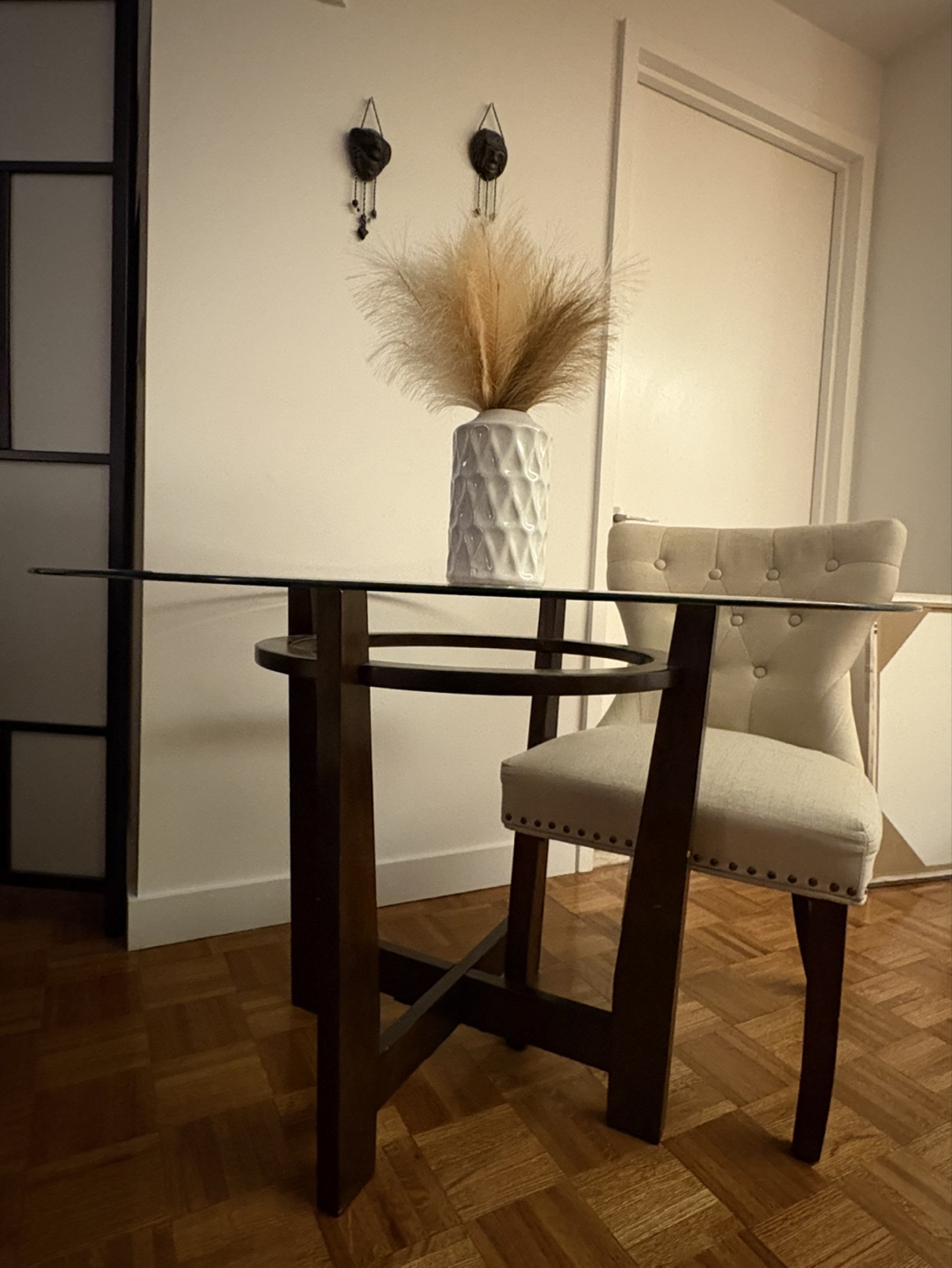 Round Glass Dining Table with wood base - photo 2