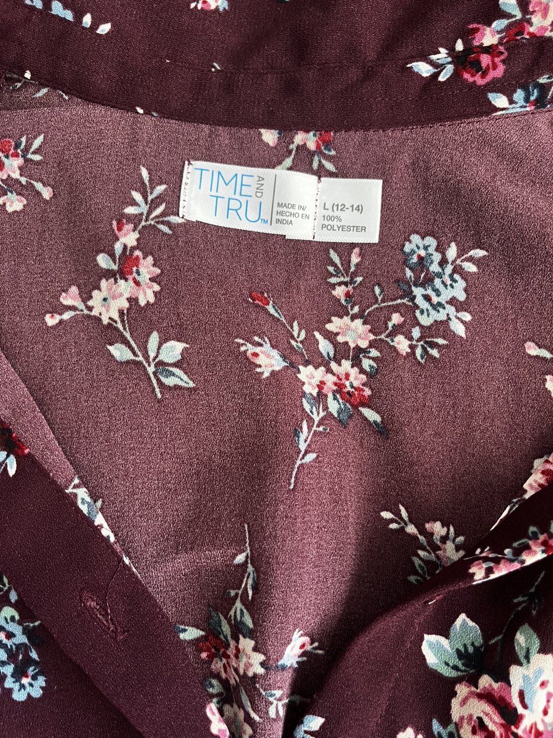 Time and Tru Burgundy Floral Button-Down Dress - Size L - photo 2