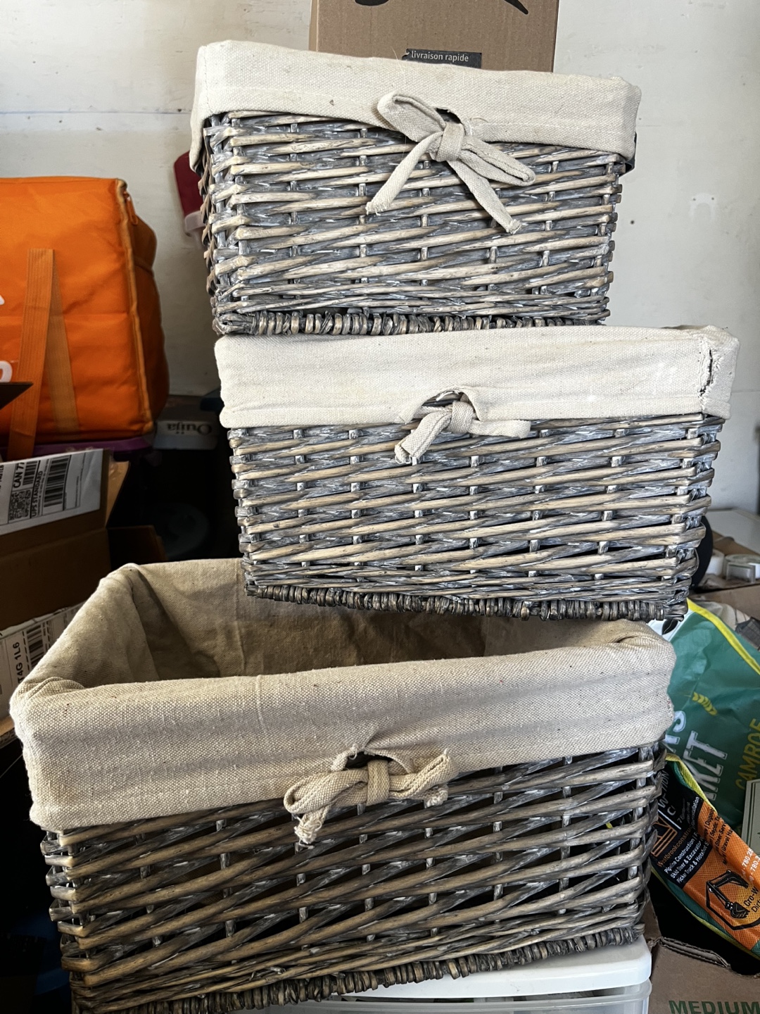 Set of 3 Wicker Storage Baskets with Linen Liners