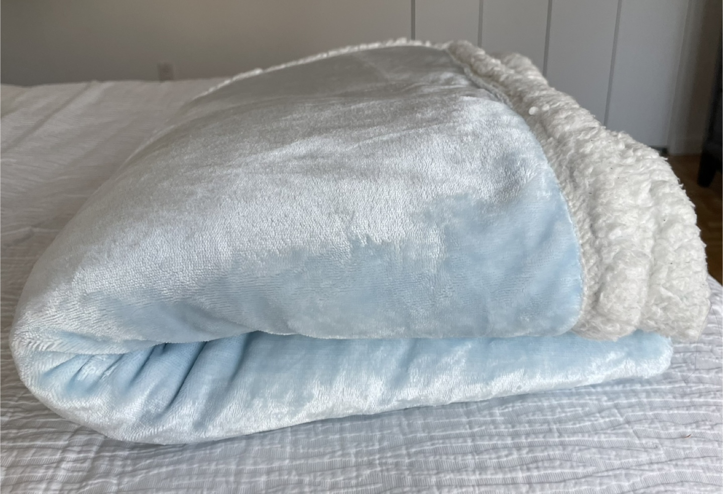 Light blue fuzzy blanket