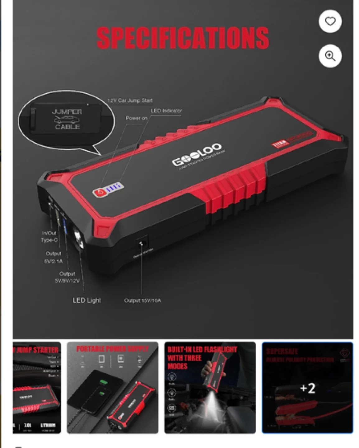 GOOLOO Jump Starter,3000A Peak 12V GP3000 Portable Car image indicator(5)