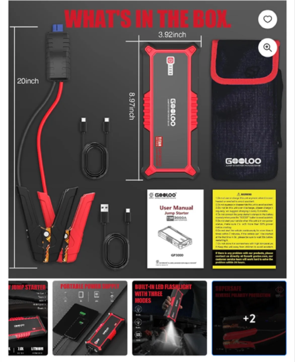 GOOLOO Jump Starter,3000A Peak 12V GP3000 Portable Car image indicator(6)