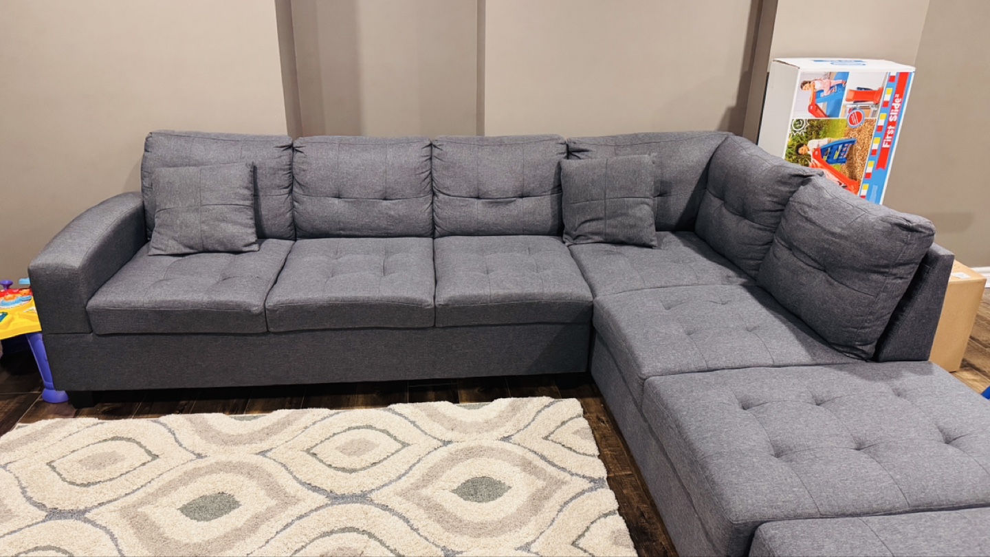 Grey L-Shaped Sectional Sofa with Ottoman - photo 3