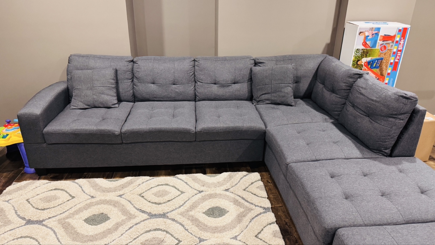 Grey L-Shaped Sectional Sofa with Ottoman
