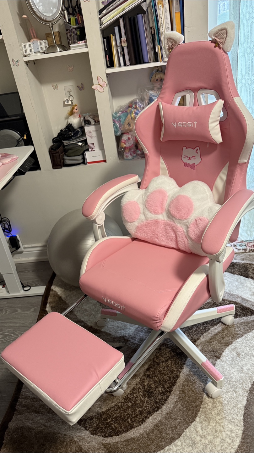 Pink Cat-Ear Gaming Chair with Footrest
