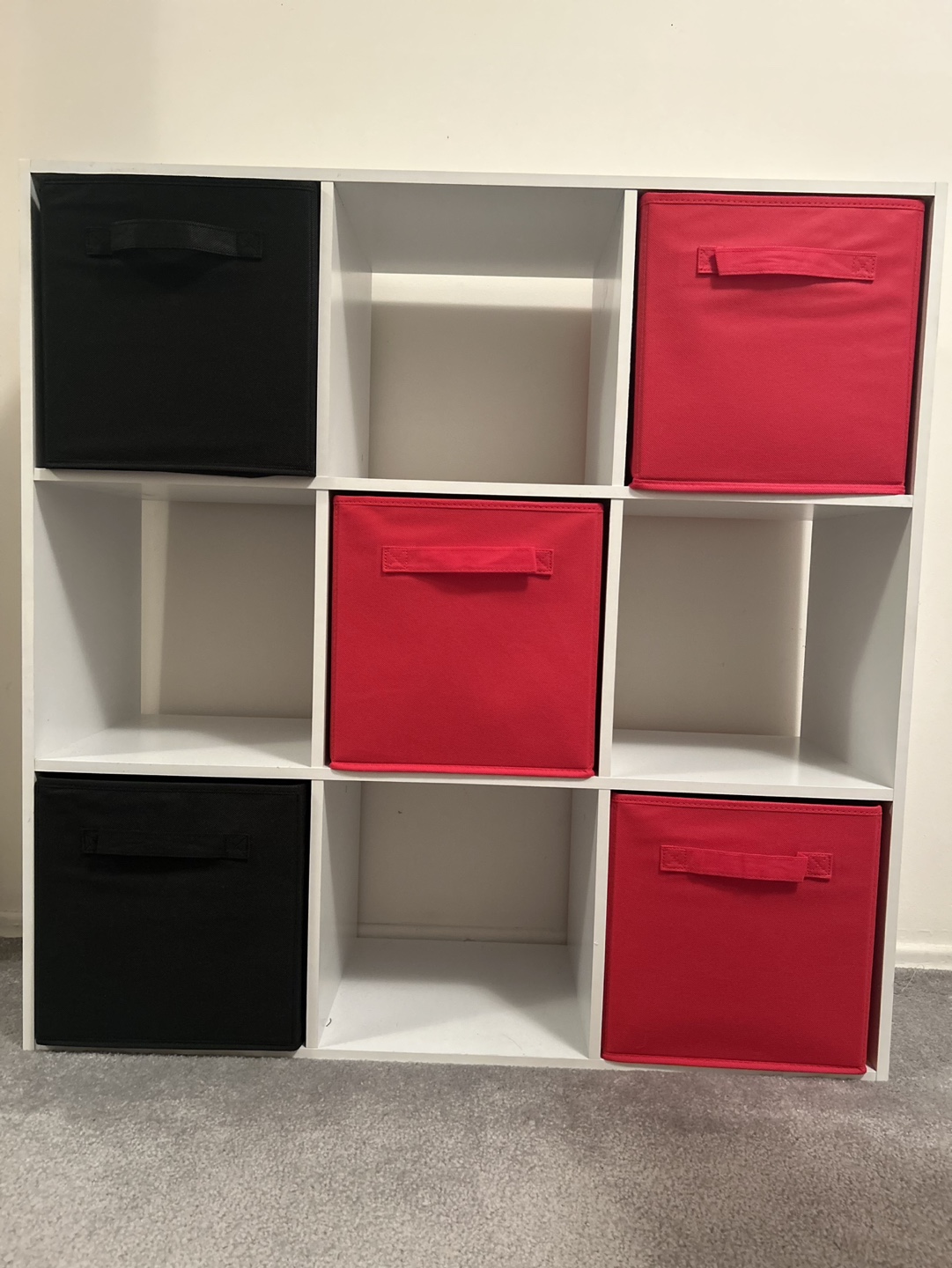 White Cube Organizer with Red and Black  Bins