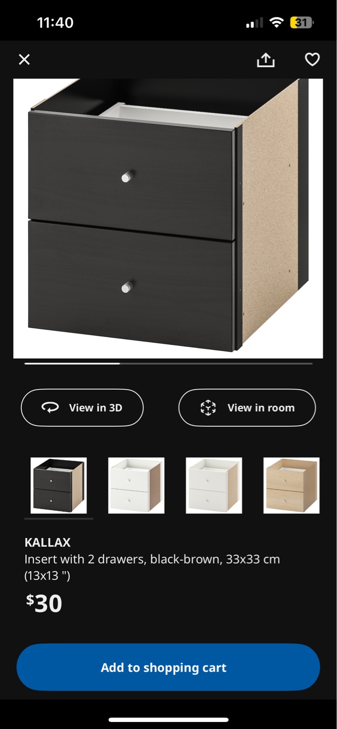 IKEA KALLAX Insert with Two Drawers - Black-Brown