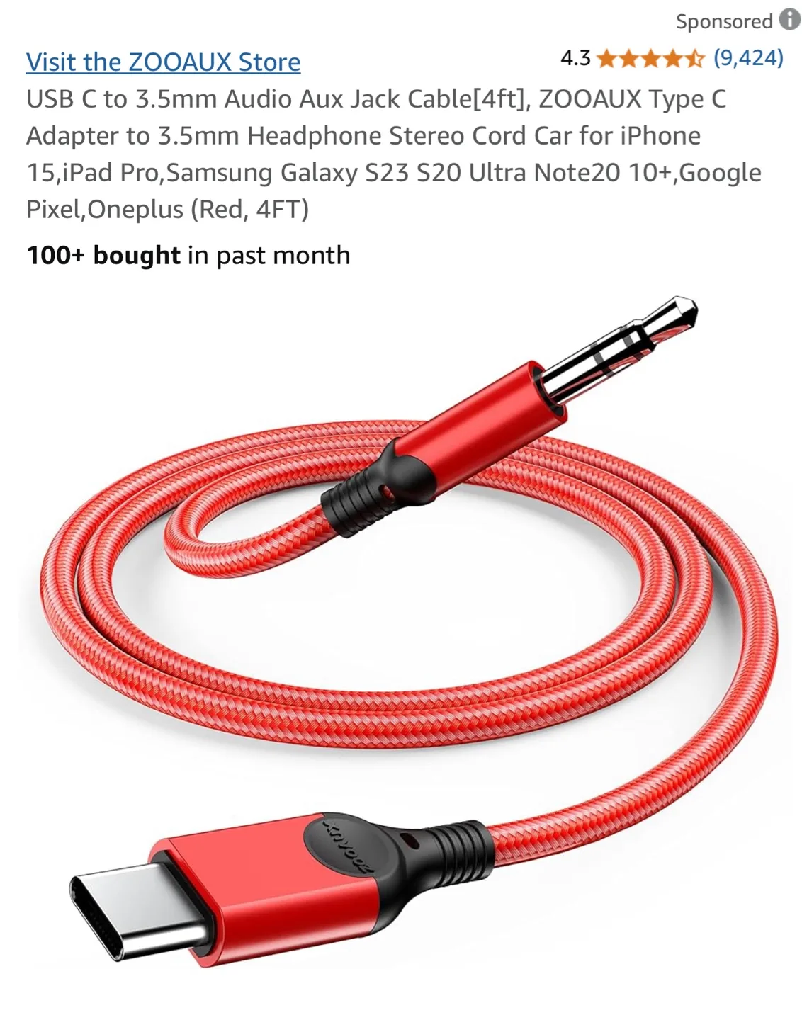 ZOOAUX USB-C to 3.5mm Headphone Adapter - 4ft Red Cable thumbnail