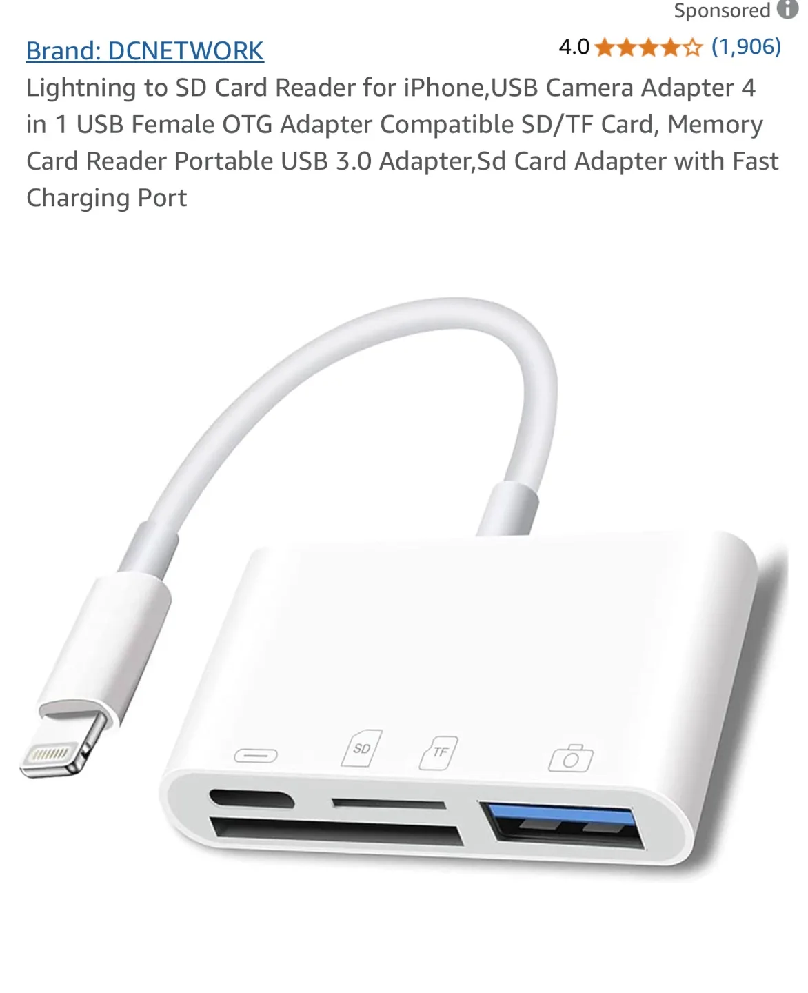 Lightning to SD Card Reader - iPhone, USB Camera Adapter thumbnail