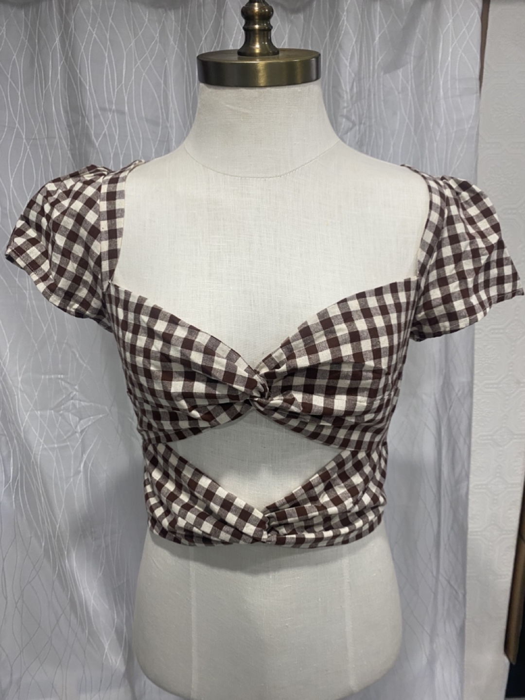 Brown and White Gingham Cut-Out Crop Top - Size Small