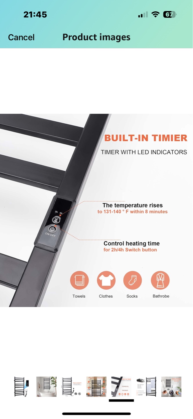 Nopwer Electric Heated Towel Rack - 10 Bar Plug-in - photo 4