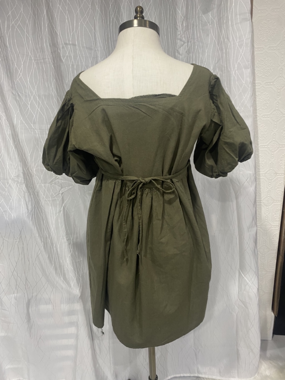 Olive Green Square Neck Puff Sleeve Mini Dress - photo 2