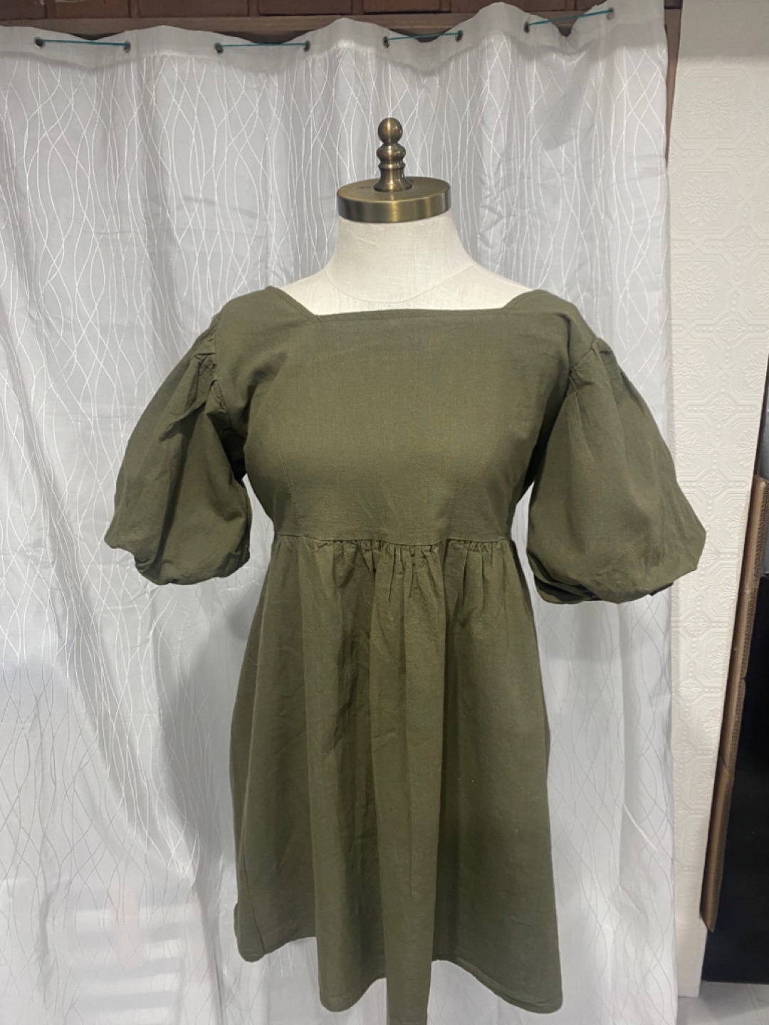 Olive Green Square Neck Puff Sleeve Mini Dress
