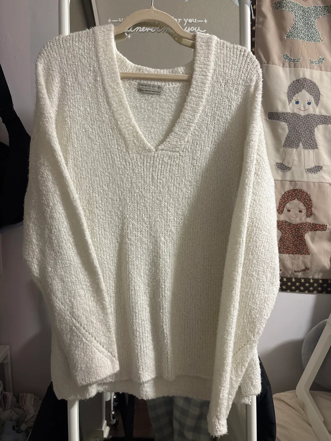 Urban Outfitters White Fuzzy V-Neck Sweater thumbnail