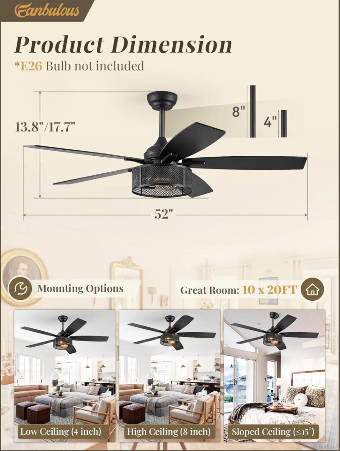 52" Industrial Farmhouse Ceiling Fan with Light Kit - photo 3