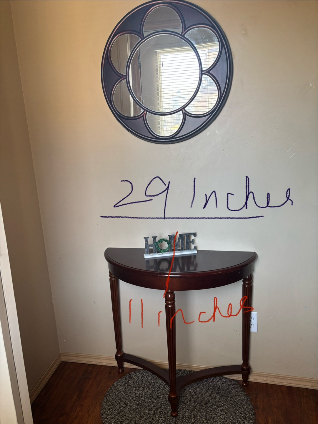 Dark Brown Half-Moon Console Table & Floral Mirror Set