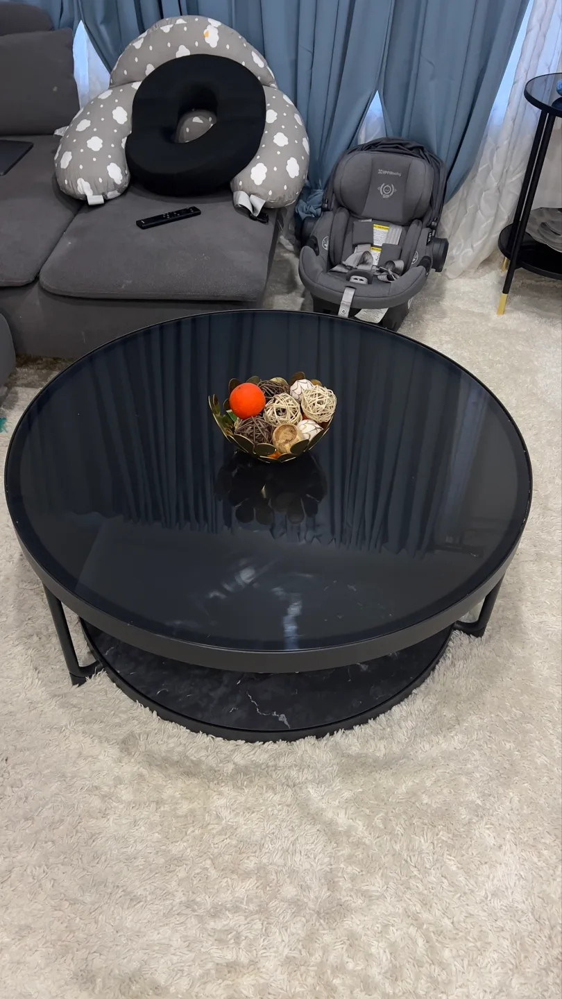 Round Two-Tier Coffee Table - Black Glass Top & Marble Base thumbnail