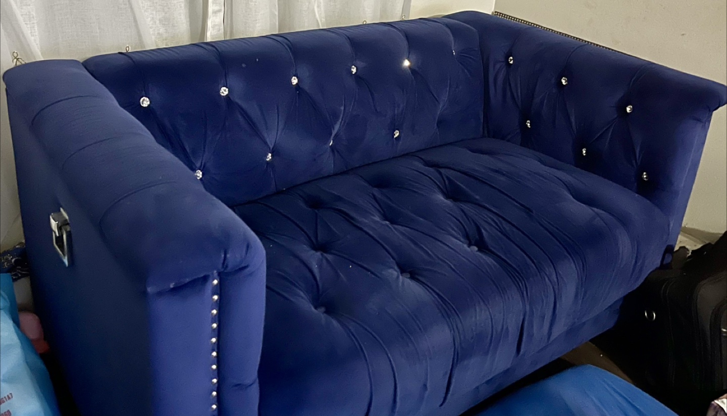 2 Blue Velvet Loveseats with Crystal Buttons - photo 4