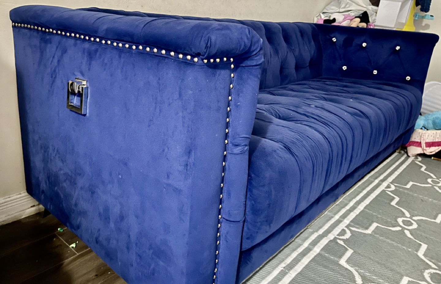 2 Blue Velvet Loveseats with Crystal Buttons - photo 3