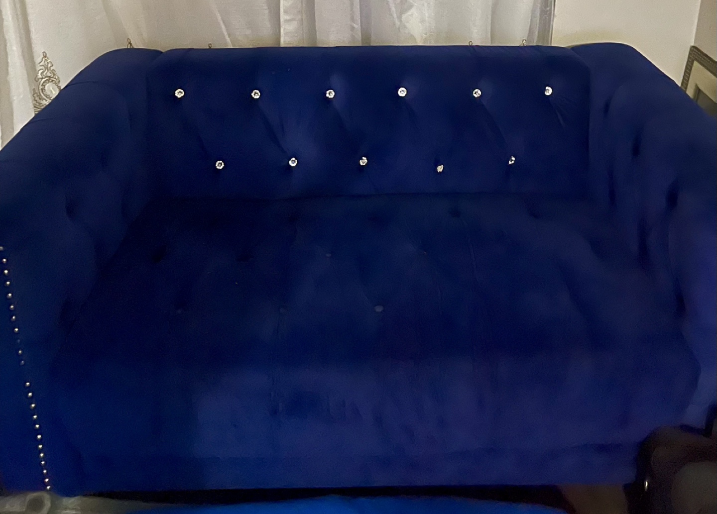 2 Blue Velvet Loveseats with Crystal Buttons