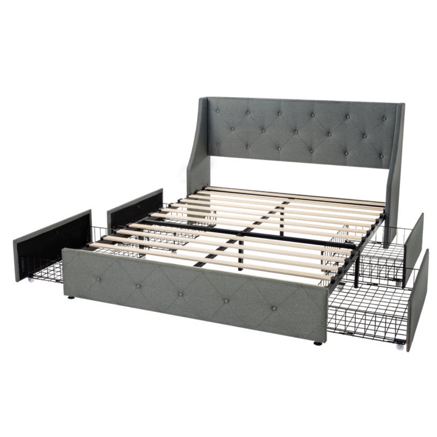 Queen Upholstered Storage Bed Frame with Drawers, mattress- Grey - photo 3