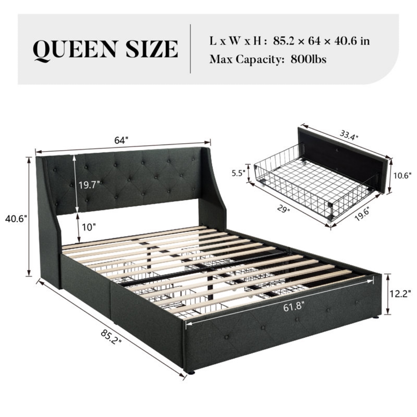 Queen Upholstered Storage Bed Frame with Drawers, mattress- Grey - photo 2